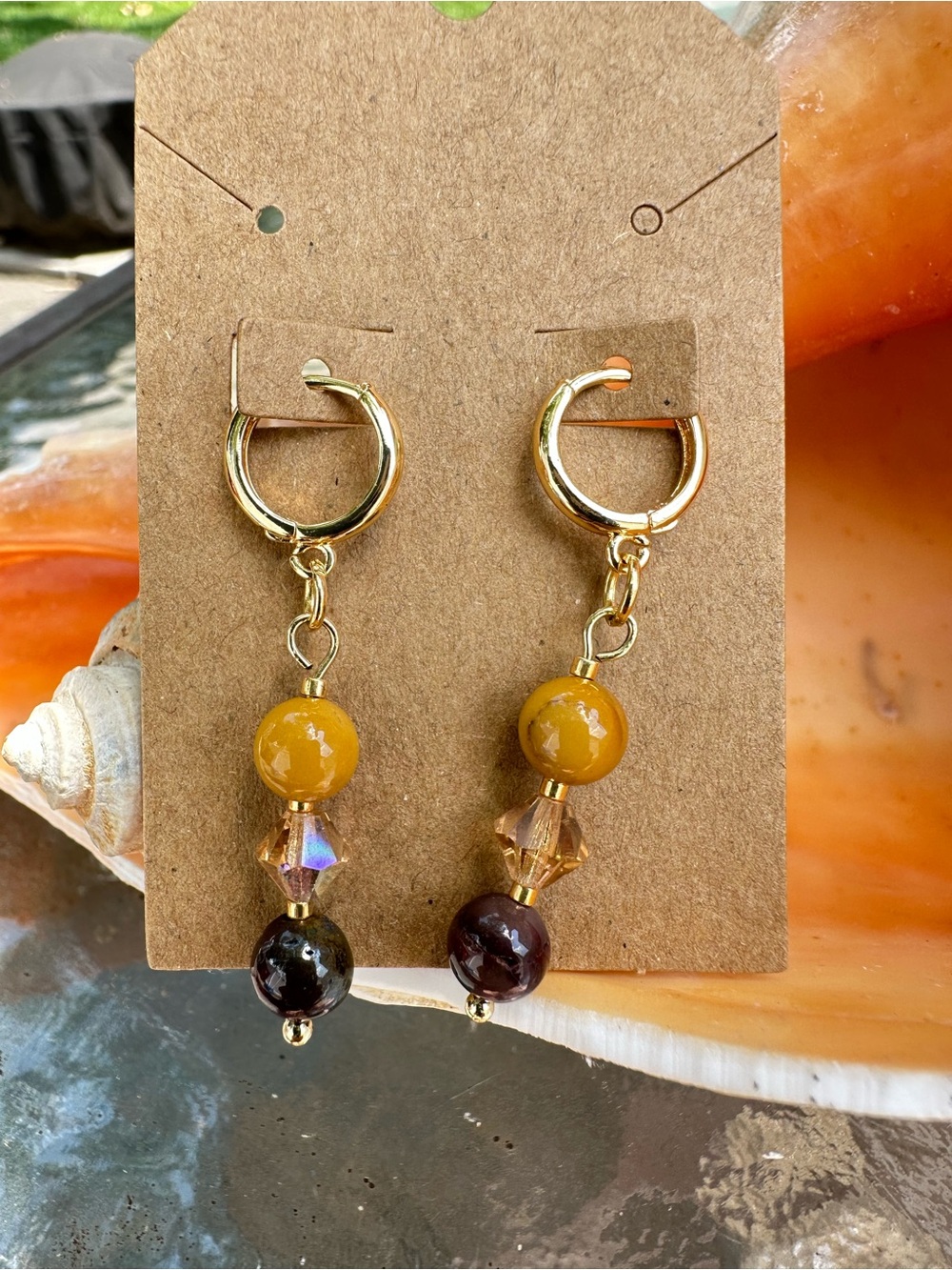 Handmade Gemstone Earrings - 18K Gold Plated Mookaite Crystal Drop Huggie Hoops